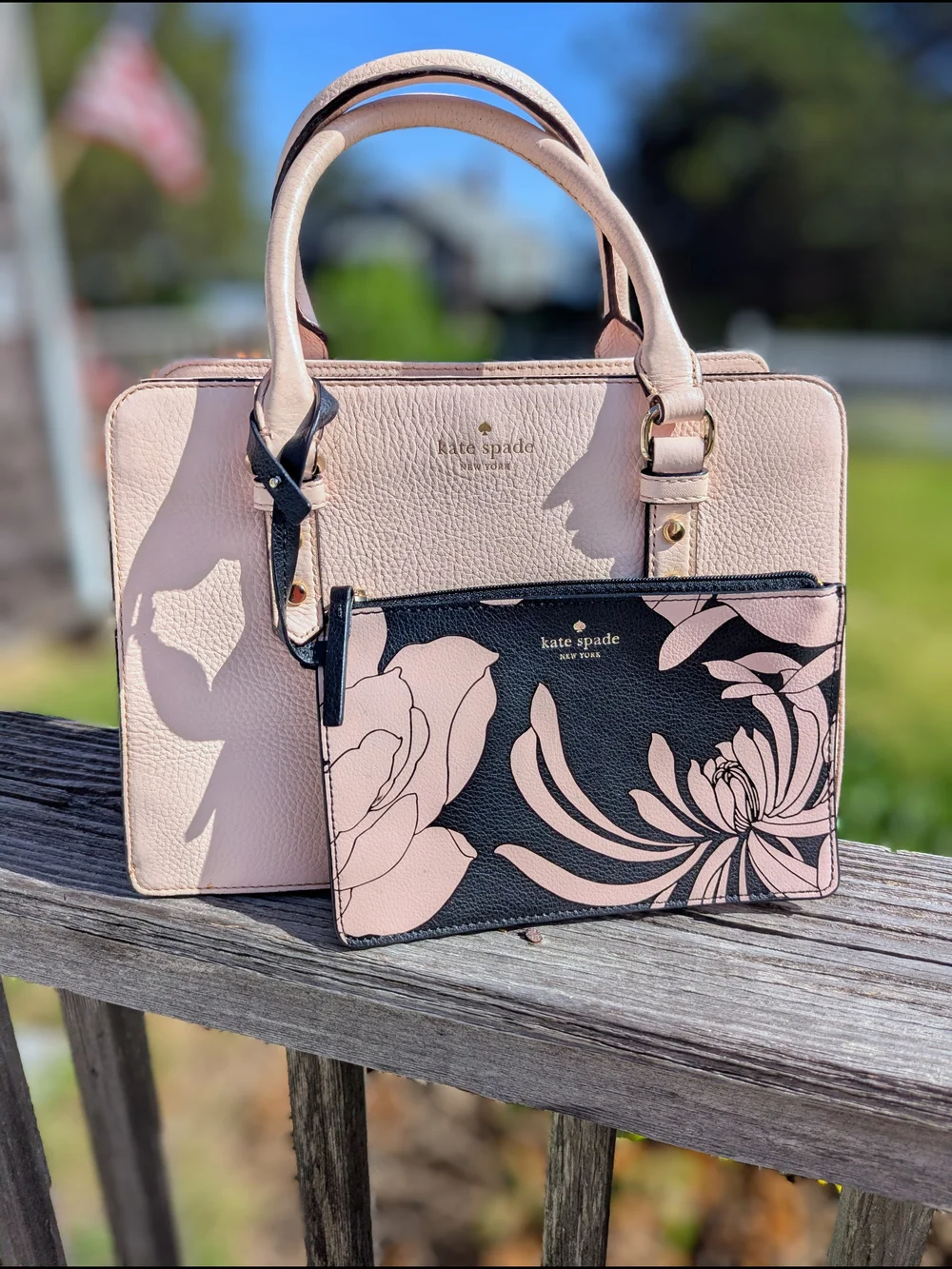 Kate Spade Blush Pink Leather Satchel with Floral Black & Blush Pouch